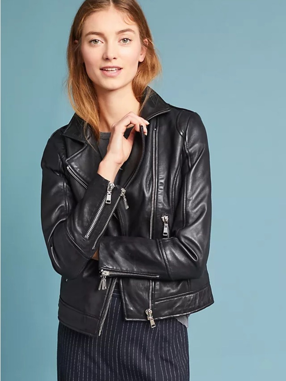 Anthropologie Doma Black Leather Moto Jacket - Classic Asymmetrical Zip